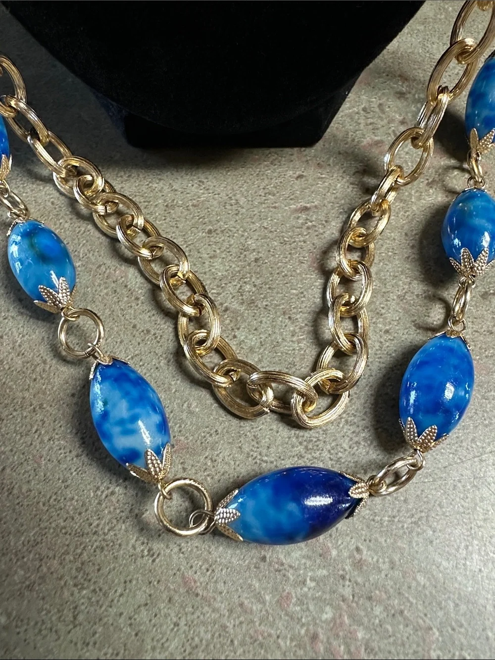 Vintage Hong Kong Multi Strand Blue Marbled Bead Necklace & Earring Set